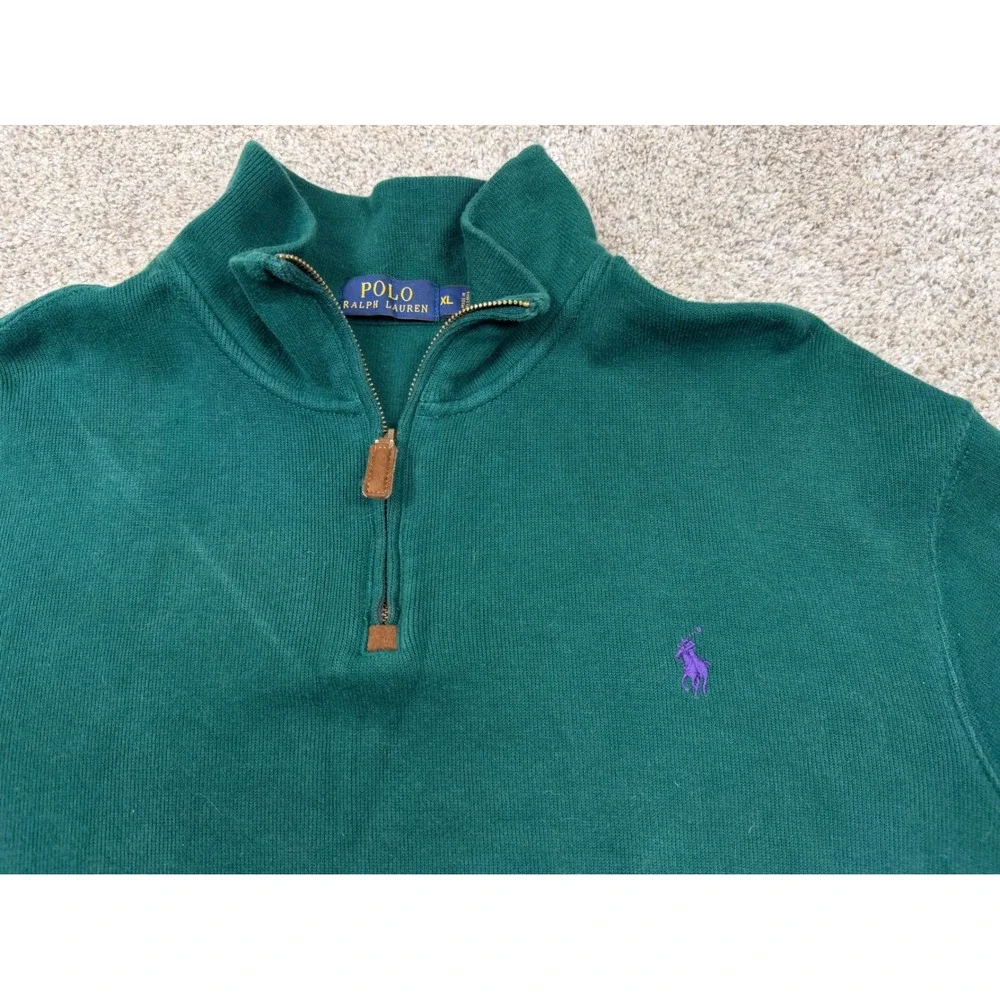 Polo Ralph‎ Lauren Mens XL Forest Green 1/4 Zip Pullover Sweater Purple Pony